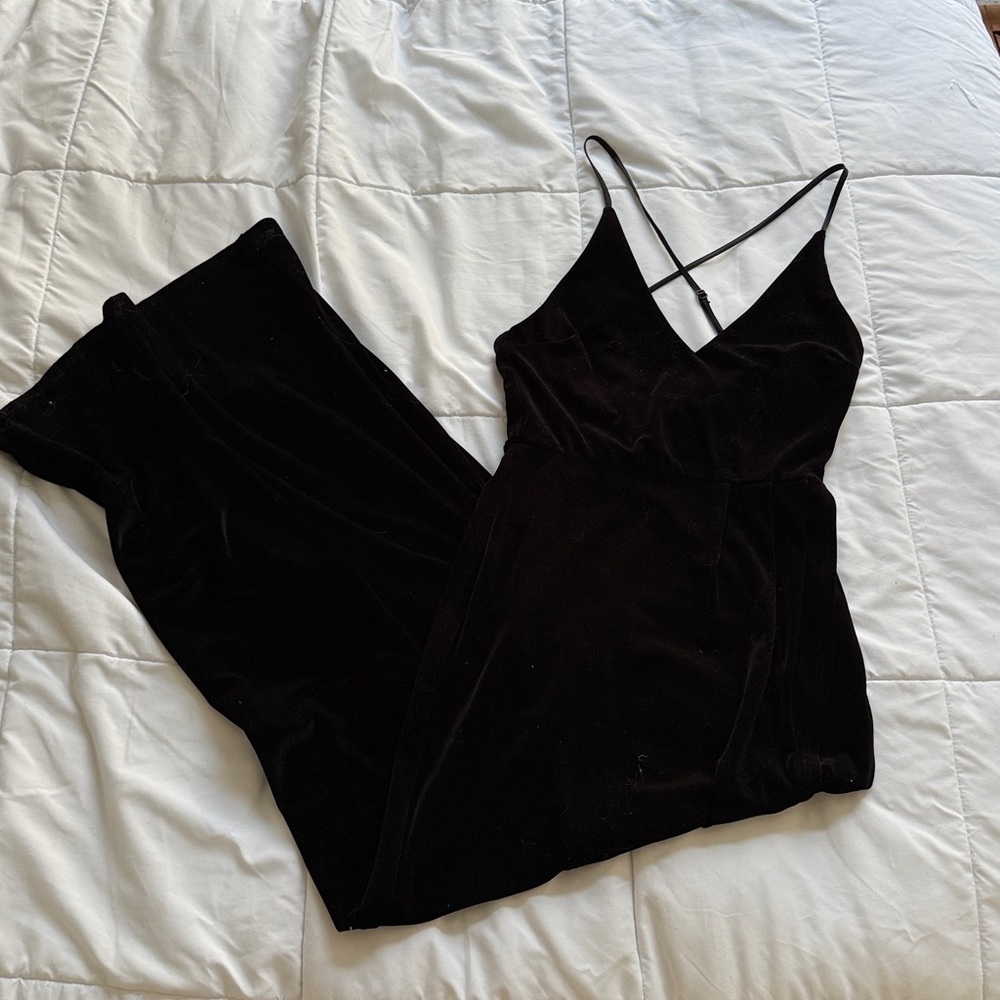 Floor Length Black Velvet V Neck Dress